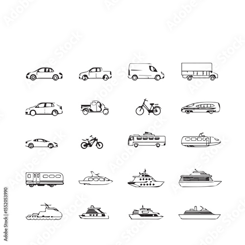 Collection of Black and White Vehicle Icons Cars Trucks Bikes Boats and More