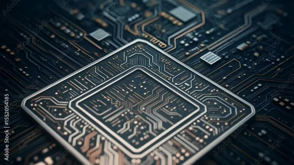 Futuristic Technology Chip Circuit Animation – Glowing Microchip with Digital Grid and Data Flow in 4K

