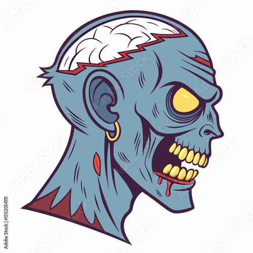 Cartoon Zombie Head with Exposed Brain and Glowing Eyes – Horror Illustration on White