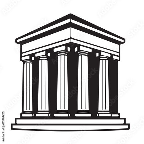 A black and white illustration of a classical building with prominent columns and a pediment, symbolizing architecture, history, and institutions.