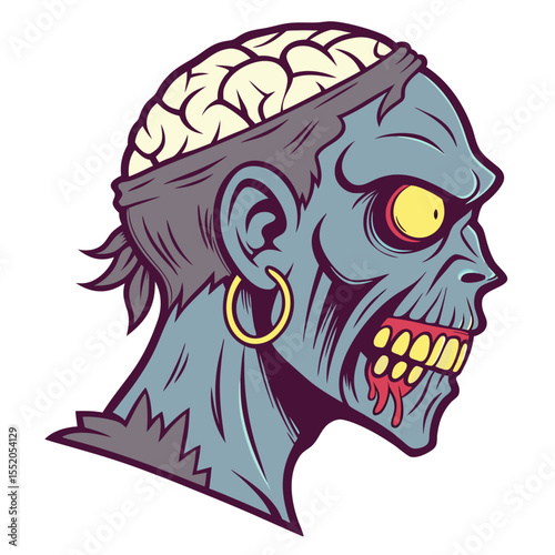 Cartoon Zombie Head with Exposed Brain and Glowing Eyes – Horror Illustration on White