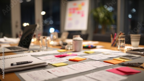 A table in an office with Post-it notes and notepads scattered across it, indicating the planning stage of product development for a business use case