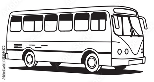 A clear black and white line drawing of a passenger bus in profile view, including windows, wheels, and basic structural details.