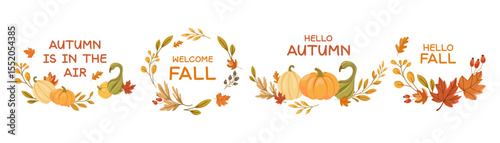 Autumn wreaths and labels with pumpkins, colorful fall leaves, berries, and seasonal quotes .Vector Elements for greeting cards, stickers, invitations, seasonal marketing, and fall themed decorations