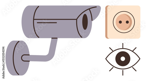 Mounted security camera, eye icon, and power socket convey surveillance, vigilance, and technological awareness. Ideal for monitoring, security, privacy, alertness technology energy