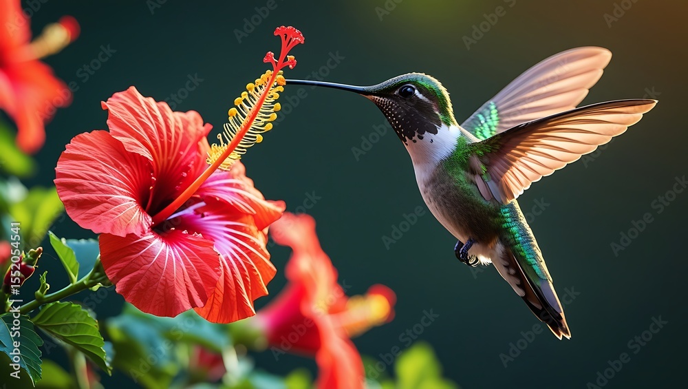 Naklejka premium Hummingbird with iridescent green feathers drinks nectar from a vibrant red hibiscus flower