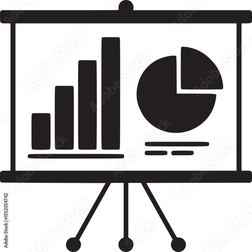 A black and white illustration of a presentation board with charts and data displayed on it