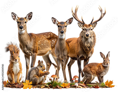  Group of Realistic Woodland Animals in Autumn Forest Setting, Side View, Isolated on Transparent Background