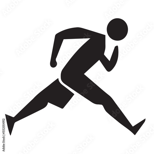 A simple, black silhouette of a person captured mid-stride, showcasing a dynamic, athletic pose against a white background.