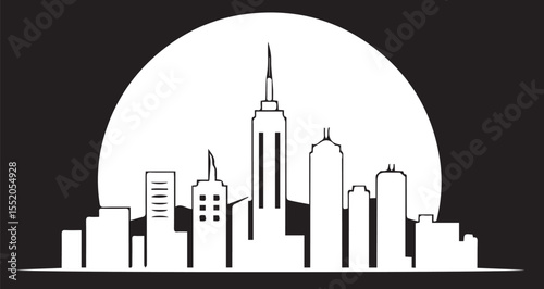 
A stylized black and white cityscape silhouette with a large moon or sun in the background.