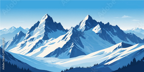 Majestic snow-covered mountains dominate the serene winter landscape, offering a panoramic view of an alpine wonderland under a clear sky