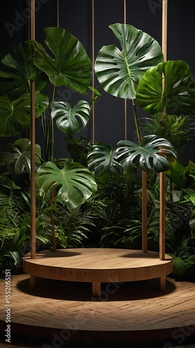 A wooden platform surrounded by lush Monstera leaves and supported by thin wooden poles, creating a natural, minimalist display.