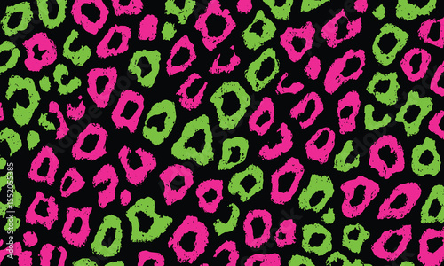Neon pink and neon green leopard print seamless pattern, vector illustration, simple shapes, black background, no shadows, no gradients, low resolution, high contrast, flat design, 80s style.