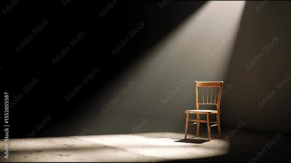 An empty chair placed under a solitary spotlight in a bare minimalist space.