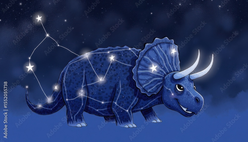 Obraz premium Whimsical triceratops constellation illustration under starry night sky
