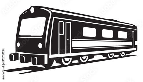 A vector illustration of a modern commuter train. The stylized image is black and white and has a shadow underneath.