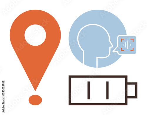 Orange map marker, profile with sound recognition, recharging battery icon. Ideal for navigation, voice control, technology, AI, communication energy management digital concepts. Clean flat