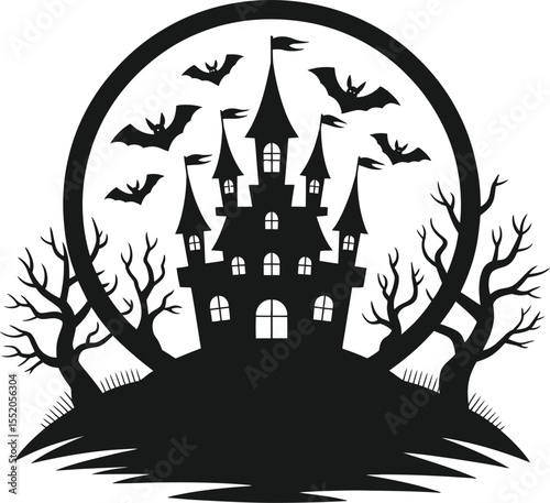 Horror Halloween castle with bats, haunted house silhouette illustration perfect for a spooky autumn night design