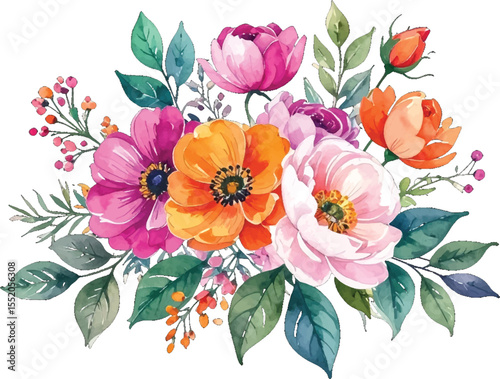 Delicate watercolor floral bouquet featuring vivid flowers. Bright and colorful watercolor bouquet with pink and purple. Spring blossoms in watercolor style with vibrant colors