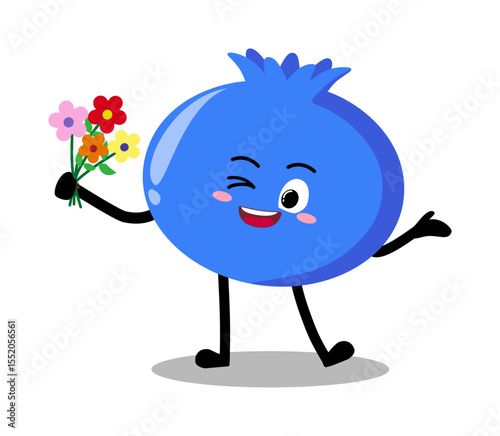 Cute Hand Drawn blueberry Holding a bunch of flower