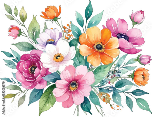 Hand-painted floral arrangement with pink, purple, and orange. Vibrant watercolor flowers with lush greenery in a bouquet. Beautiful watercolor floral design in soft pastels and bright hues