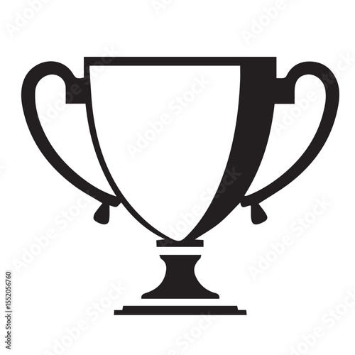 A simple, bold black and white vector illustration of a classic trophy cup, featuring a prominent, empty shield-like body and elegant handles.