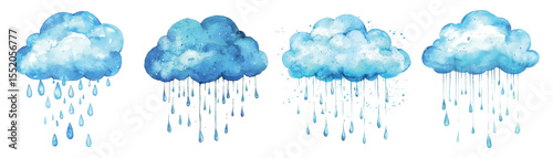 Watercolor set of clouds with rain png. Blue clouds with raindrops. Elements of nature and weather. Cute illustrations of weather, season. Vector illustration.