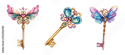 Set of watercolor magic keys png. Magical bloody keys of fairies, elves, fairy-tale characters. Concept of magical and magical objects. Elements of fairies. Vector illustration.