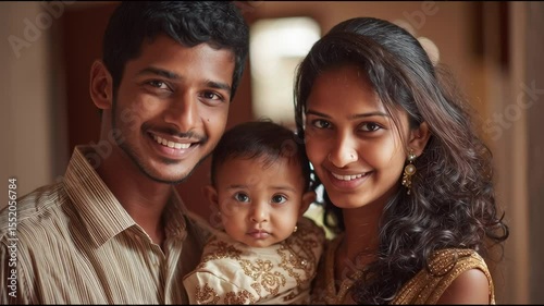 A young Indian couple poses with their adorable baby in a warm, intimate family portrait, radiating love, joy, and a deep sense of togetherness captured in a timeless moment.
