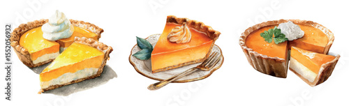 Set of autumn pumpkin pies watercolor png. Fragrant pumpkin pies with golden crust and decorated with meringue on top. Traditional autumn food for Thanksgiving. Vector illustration.