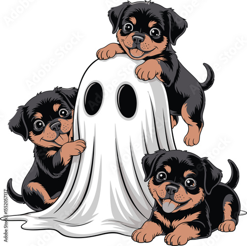 A group of cute purebred puppies, including chihuahua and rottweiler, sitting on an isolated white background