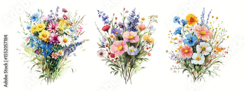 Set of bouquets of wildflowers on a white isolated background. Wildflowers chamomile, cornflower, poppy, dandelion, lavender and other flowers. Concept of wild and meadow flowers. Vector illustration.