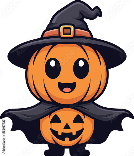 Black cat and spooky witch's hat adorn a smiling jack-o'-lantern, celebrating October's magical autumn horror