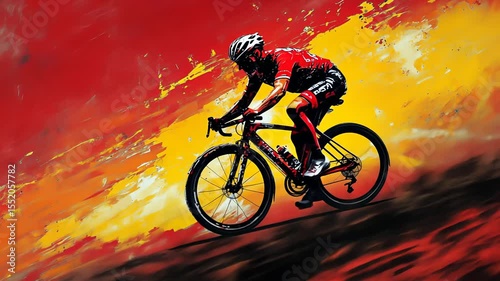 Male cyclist riding bicycle fast, abstract painting style. Bike race or endurance sport concept. Dynamic visual for competitive event footage.