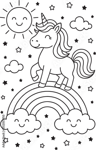 Cute Unicorn on Rainbow Coloring Page for Kids