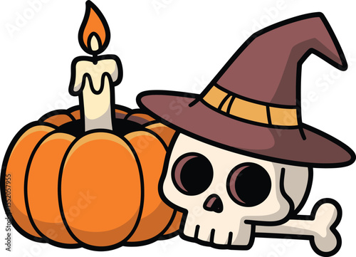 Cartoon Halloween pumpkin with witch hat, spooky cat, and scary face illustration for an autumn holiday celebration