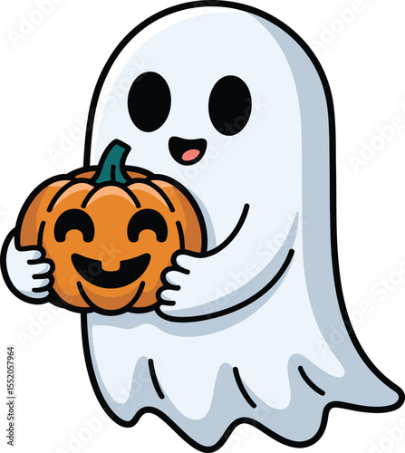 Funny cartoon Halloween pumpkin monster with a spooky skull and cute cat illustration