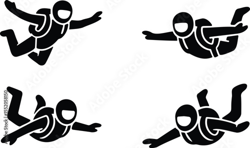 Skydiving stickman silhouette icons in different flying and freefall poses with parachute gear in minimal design