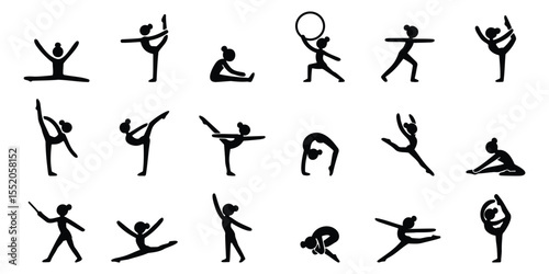 Stickman gymnastics and yoga silhouette icons of women performing various balance, flexibility, and strength poses
