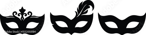 Masquerade mask silhouette icons with elegant designs and feather decorations in minimal black style