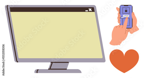 Hand pressing unlock screen on smartphone, blank desktop monitor, and heart shape. Ideal for technology, security, connectivity, online love, productivity, digital interaction user experience