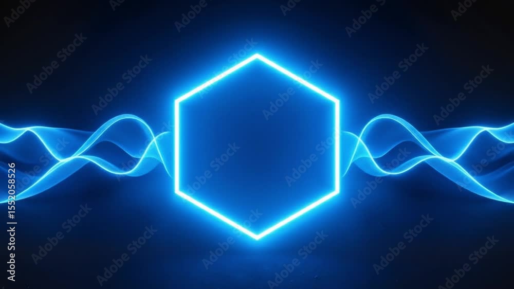Neon blue hexagon with waves on a dark background  