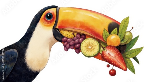 Toucan holding fresh fruits in beak on white background