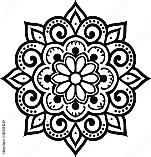 bold ornamental mandala design with tribal floral elements in black silhouette style

