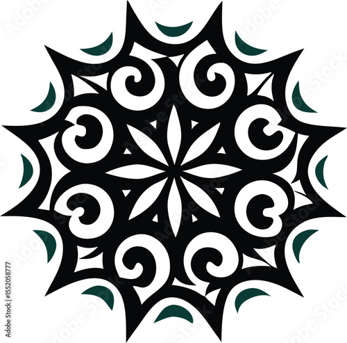 bold ornamental mandala design with tribal floral elements in black silhouette style

