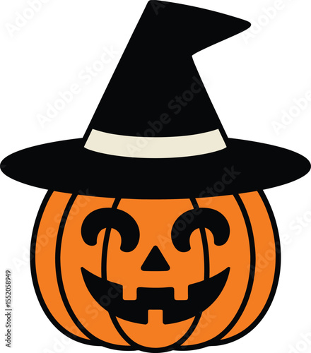 Orange Halloween pumpkin with witch hat scary face illustration isolated for autumn holiday celebration