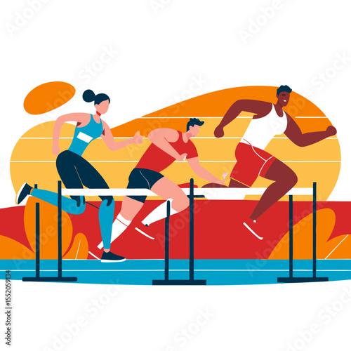 Three athletes hurdling on track with sunset background