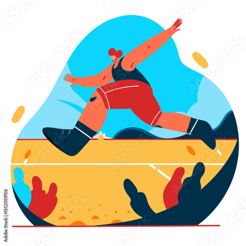 Female athlete leaping during long jump with crowd below