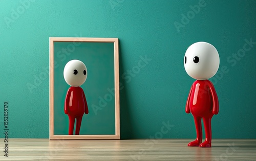 Minimalist 3D character observing own reflection, concept of awareness and inner self