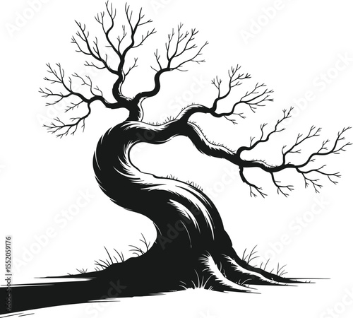 Black and white vector illustration of a tree silhouette with roots, perfect for tribal tattoo designs or nature-inspired art